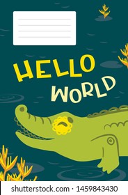 Happy african animal crocodile cute character. Cartoon colorful poster, flyer, banner, card, brochure design layout template in A4. Lettering Hello world phrase. Vector illustration.