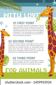 Happy african animal giraffe cute character. Cartoon colorful poster, flyer, banner, card, brochure, information leaflet design layout template in A4. Lettering phrase. Vector illustration.