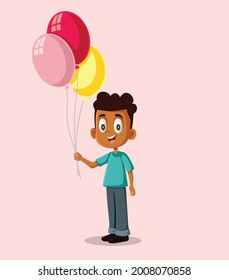 Happy African Boy Holding Balloons Vector Illustration. Cute little child character celebrating birthday card design
