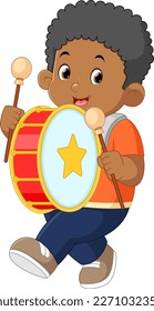 a happy african boy playing a big drum musical instrument of illustration