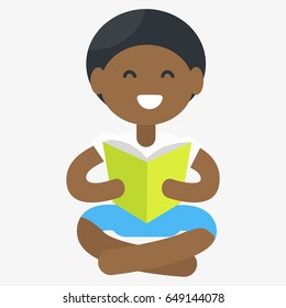 Happy African boy reading open green book isolated on white graphic vector illustration. Education system in Africa template