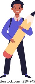 Happy african boy in school uniform holding pencil. Back to school concept. Young pupil standing with backpack. Cartoon vector illustration banner