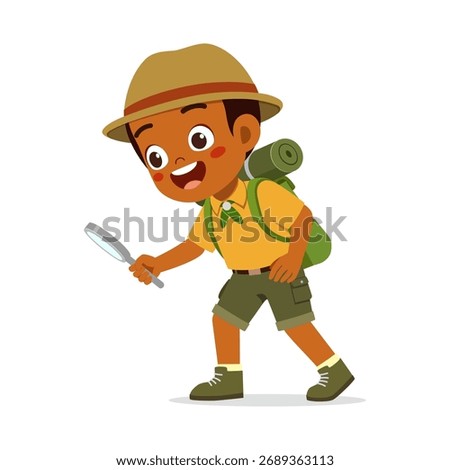 Happy African Boy Scout Exploring with Magnifying Glass Wearing Hat and Backpack