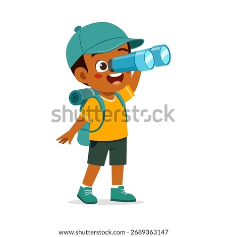 Happy African Boy Scout Looking Through Binoculars with Backpack Illustration