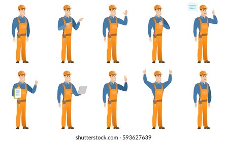 Happy african builder showing the victory gesture. Builder showing the victory sign with two fingers. Builder with victory gesture. Set of vector flat design illustrations isolated on white background