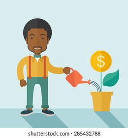 A happy african business person watering a growing plant with money flower. Growing business concept. A contemporary style with pastel palette soft blue tinted background. Vector flat design