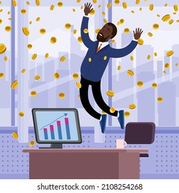 Happy african businessman jump in air falling money rain in office. Success finance business, falling cash. Vector illustration
