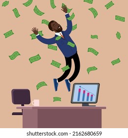 Happy african businessman jump in air falling money rain in office. Success finance business, falling cash. Vector illustration