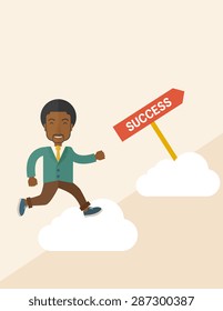 A happy african businessman smiling while jumping above the cloud for his succeess. Business growth concept. A Contemporary style with pastel palette, soft beige tinted background. Vector flat design