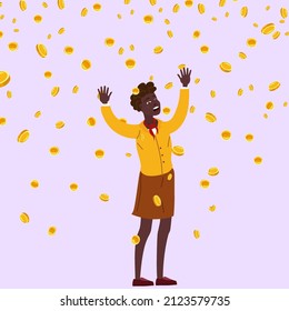 Happy african businesswoman falling money coins rain. Success finance business, falling cash. Vector illustration