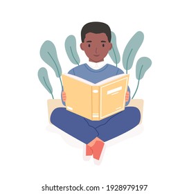 Happy African child reading book. Afro-American boy studying with textbook. Smart child with literature. Colored flat cartoon vector illustration of schoolboy isolated on white background