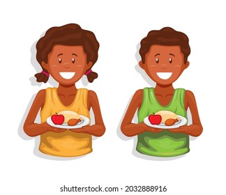 Happy african children holding food, world hunger donation fund symbol character set vector