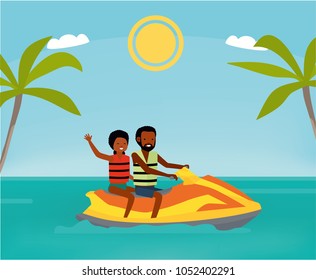 Happy african couple enjoy riding ski jet in blue ocean. Summer Vacation. Cartoon vector illustration. Sea tour. African american family. Flat cartoon illustration. Lifestyle.