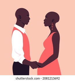 Happy African couple holding hands. Portrait of a man and a pregnant woman in love. A young family. Side view. Profile. flat illustration