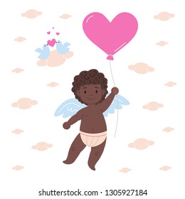 Happy african cupid character holding balloon in shape of heart and soaring  in clouds with birds falling in love. Flat card illustration design for Valentine's Day and holidays.