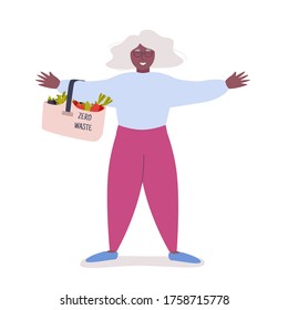 Happy african elderly woman. Cute grandmother standing with bag with vegetables and smiling. Zero waste lifestyle concept elder woman. Flat vector illustration isolated on white background