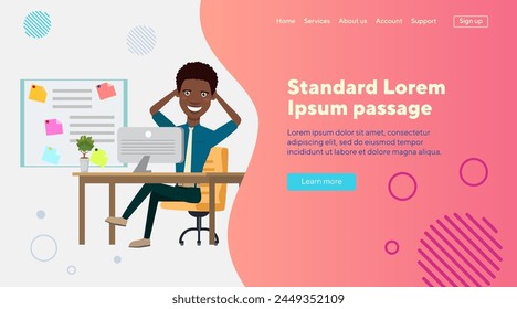Happy African employee working on computer in office. Businessman sitting at desk, satisfied with work. Vector illustration. Office work concept for banner, website design or landing page