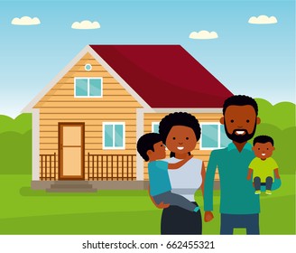 Happy african family in the background of his home. Father, mother, and two son together outdoors. Vector illustrations in the flat cartoon style. African american people