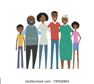 Happy African family - cartoon people characters isolated illustration on white background. Smiling relatives standing together and hugging. Wife, husband, grandmother, grandfather, son and daughter