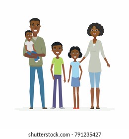 Happy African family - cartoon people characters isolated illustration on white background. Smiling young parents standing with three children and hugging them