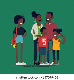 Happy african family. Cheerful african american family characters standing together. African american parents with two preschool boy and girl kids and teenager girl. Vector flat design