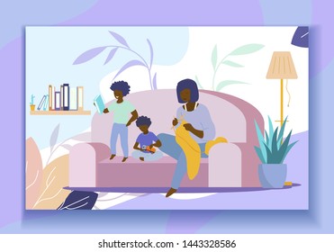 Happy African Family Home Spare Time. Dark Skinned Mother Knitting Clothing, Little Sons Playing with Toy Car and Reading Book. Leisure, Evening or Weekend Relaxing. Cartoon Flat Vector Illustration