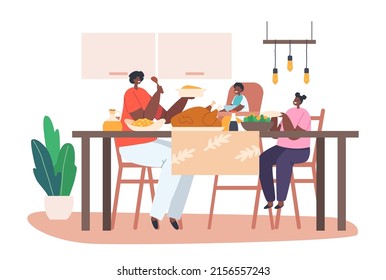 Happy African Family Mother and Little Kids Having Dinner at Table with Food. Mom, Daughter and Son Eating Meal and Talking Together, Cheerful Characters During Lunch. Cartoon Flat Vector Illustration