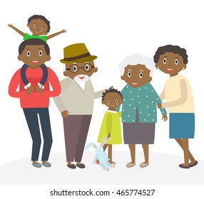 Happy african family portrait. Father and mother, son and daughter, grandparents in one picture together. African Family isolated on white. 3 generations together. Vector illustration.