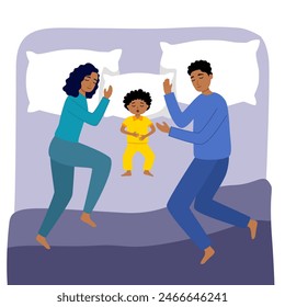 Happy African family with small kid sleep together in bed at home. Smiling parents relax take nap with little child. Childcare and parenthood concept.