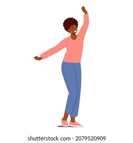 Feliz personaje femenino africano ondeando manos. Joven mujer positiva saludando gesto, jovencita alegre emoción, gesto, lenguaje corporal aislado en fondo blanco. Ilustración del vector de dibujos animados