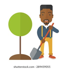 A happy african gardener planting a tree using in his yard using shovel under the heat of the sun. A Contemporary style. Vector flat design illustration isolated white background. Square layout.