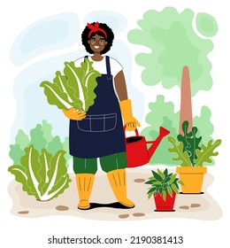 Happy African gardener woman with watering can among potted plants. Smiling cute young girl holding chinese cabbage. Agricultural farm concept. Flat style illustration.