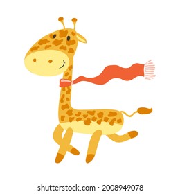 Happy African giraffe. Cartoon giraffe in a red scarf on a white background. Funny cartoon character.  Cute baby print. Vector.