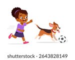 Happy African girl chasing dog playing soccer with excited expression in cartoon style