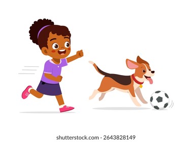 Menina africana feliz perseguindo o cão jogando futebol com expressão animada no estilo de desenho animado