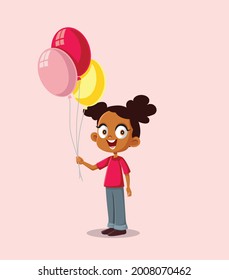 Happy African Girl Holding Balloons Vector Illustration. Cute little child character celebrating birthday card design
