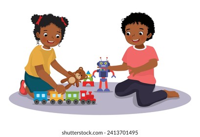 Happy African kids playing toys on the floor together