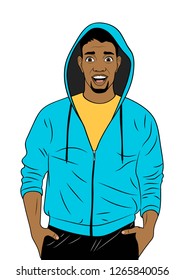 Happy African man in hoodie isolated on the white background. Advertising poster in the Pop art style. Vector illustration