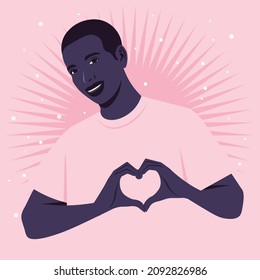 Happy African man is making a heart sign with his hands. Love gesture. Portrait of a loving guy. Valentine’s day postcard. Vector flat illustration