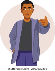 
Happy African Man Pointing to the Camera Vector Cartoon. Young guy showing and gesturing with confidence
