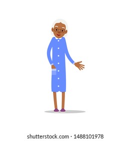 Happy african old woman. Cute grandmother standing and smiling. Traditional retirement lifestyle. Older black lady retired. Cartoon illustration isolated on white background in flat style.
