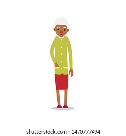 Happy african old women. Cute grandmother standing and smiling. Traditional retirement lifestyle. Older black lady retired. Cartoon illustration isolated on white background in flat style.
