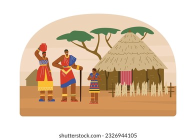 Happy African people standing near hut flat style, vector illustration isolated on white background. Traditional clothes, family, woman carrying jug on head, kid girl holding toy