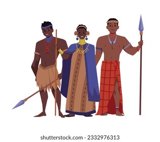 Happy African people in traditional clothes, flat vector illustration isolated on white background. Indigenous people of Africa, warriors with spears. African culture and traditions.