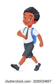 Happy African school boy in uniform walking with backpack. Cartoon vector illustration isolated on white background.