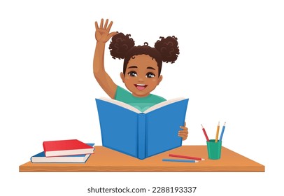 Happy African school girl reading holding open book at the desk raising hand isolated vector illustration