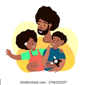 Happy African Smiling Father,Daughter,Son.Young Adult Parent.Baby Girl,Son Sit on Dad Hands.Man Entertain with Little Child Kids.Caring Papa.Family Relatives Have Fun Together.Flat Vector Illustration