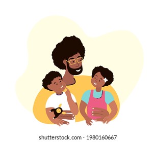Happy African Smiling Father,Daughter,Son.Young Adult Parent.Baby Girl,Son Sit on Dad Hands.Man Entertain with Little Child Kids.Caring Papa.Family Relatives Have Fun Together.Flat Vector Illustration