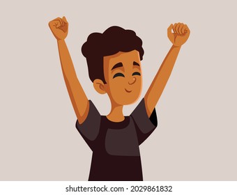 Happy African Teenage Boy Vector Illustration. Exuberant young teenager feeling positive and optimistic raising hands expressing joy
