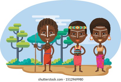 Happy African Tribe Illustration on Savannah Background Illustration